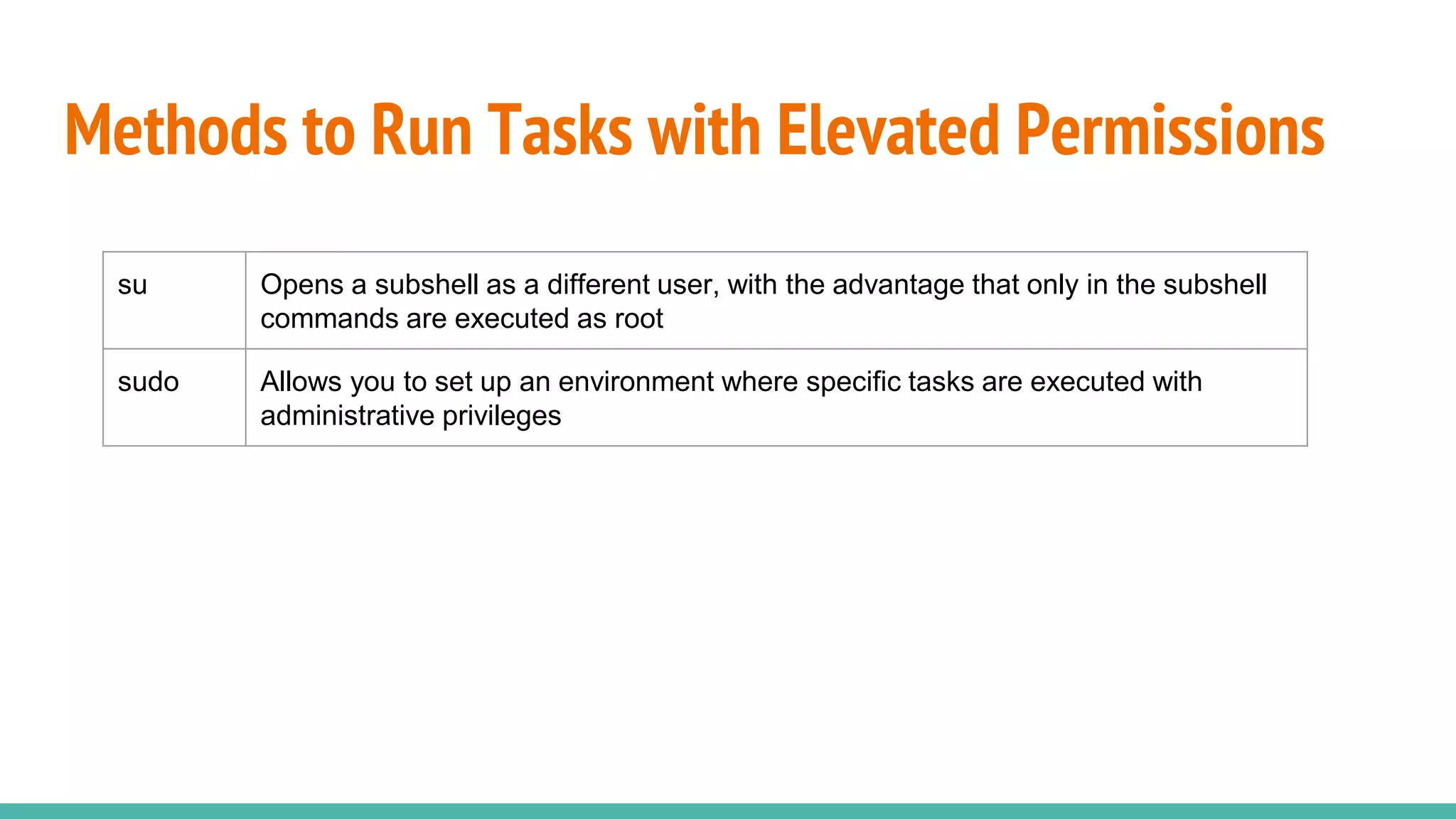 Methods to Run Tasks with Elevated Permissions
su Opens a subshell as a different user, with the advantage that only in the subshell
commands are executed as root
sudo Allows you to set up an environment where specific tasks are executed with
administrative privileges
 