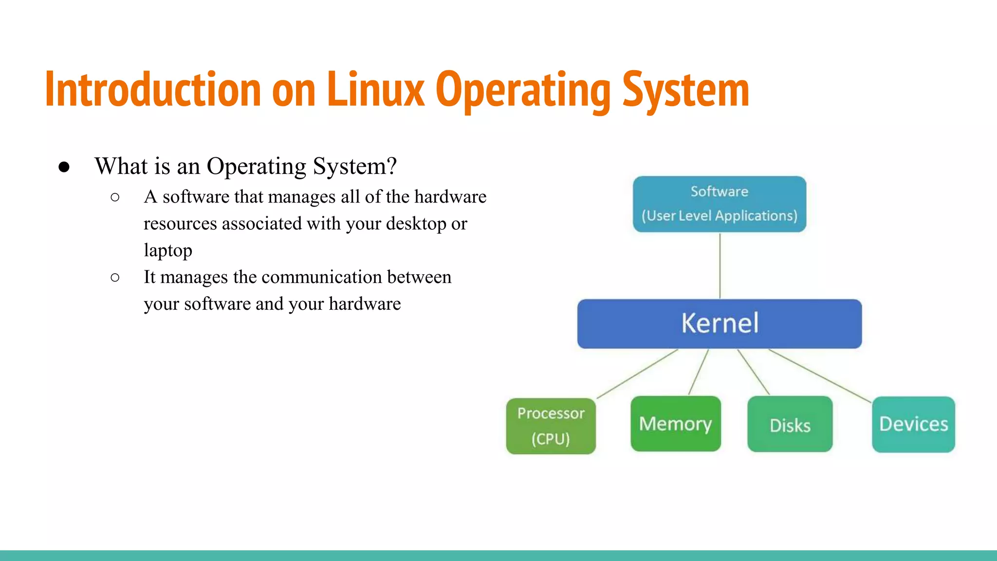 Introduction on Linux Operating System
● What is an Operating System?
○ A software that manages all of the hardware
resources associated with your desktop or
laptop
○ It manages the communication between
your software and your hardware
 