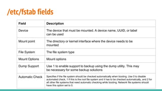 /etc/fstab fields
Field Description
Device The device that must be mounted. A device name, UUID, or label
can be used
Mount point The directory or kernel interface where the device needs to be
mounted
File System The file system type
Mount Options Mount options
Dump Support Use 1 to enable support to backup using the dump utility. This may
be necessary for some backup solutions
Automatic Check Specifies if the file system should be checked automatically when booting. Use 0 to disable
automated check, 1 if this is the root file system and it has to be checked automatically, and 2 for
all other file systems that need automatic checking while booting. Network file systems should
have this option set to 0.
 