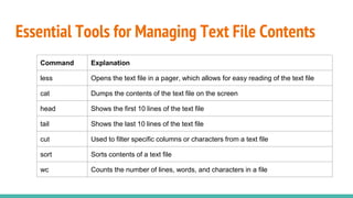 Essential Tools for Managing Text File Contents
Command Explanation
less Opens the text file in a pager, which allows for easy reading of the text file
cat Dumps the contents of the text file on the screen
head Shows the first 10 lines of the text file
tail Shows the last 10 lines of the text file
cut Used to filter specific columns or characters from a text file
sort Sorts contents of a text file
wc Counts the number of lines, words, and characters in a file
 