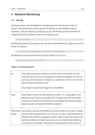 Linux – Advanced                                                                              101


4 Netzwerk Monitoring

4.1    ifconfig

Ifconfig dient dazu, eine Schnittstelle für die Netzwerkschicht des Kernels sichtbar zu
machen. Das beinhaltet die Zuweisung einer IP-Adresse und verschiedener anderer
Parameter, sowie die Aktivierung (“bringing up”) der Schnittstelle, damit der Kernel die IP-
Pakete über diese Schnittstelle senden und empfangen kann.

        / # ifconfig

Ifconfig alleine gibt alle Informationen über die aktiven Schnittstellen aus. Allgemein sieht der
Syntax wie folgt aus:

        / # ifconfig interface [address [parameters]]

Das Beispiel unten weist dem Interface lo die IP-Adresse 127.0.0.2 zu.

        / # ifconfig lo 127.0.0.2


Tabelle 13: ifconfig parameter



up            Diese Option aktiviert ein Interface für die IP-Schicht des Kernels. Sie wird
              impliziert, wenn auf der Kommandozeile eine Adresse angegeben ist. Sie kann
              auch dazu benutzt werden, ein Interface zu reaktivieren, wenn es mit der down-
              Option temporär deaktiviert wurde.

              Diese Option entspricht den Flags UP und RUNNING.


down          Diese Option markiert eine Schnittstelle als inaktiv, d.h. unzugänglich für die
              Netzwerkschicht. Dadurch wird jeglicher IP-Transport durch die Schnittstelle
              unterbunden. Beachten Sie, dass dadurch automatisch alle Routing-Einträge
              gelöscht werden, die diese Schnittstelle verwenden.


Netzmaske Diese Option weist der Schnittstelle eine Subnetzmaske zu. Sie kann entweder
Maske         als eine 32-Bit-Hexadezimalzahl (mit führender 0x) oder in Dezimaldarstellung
              (Beispiel: 255.255.255.0) angegeben werden. Während diese als “dotted quad”
              bezeichnete Notation häufiger benutzt wird, ist die hexadezimale Darstellung
              oft einfacher zu handhaben. Netzmasken sind grundsätzlich binär und es ist
 