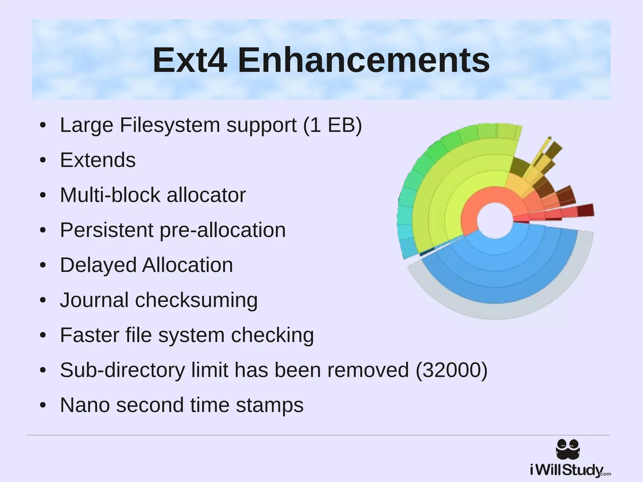 Ext4 Enhancements
●   Large Filesystem support (1 EB)
●   Extends
●   Multi-block allocator
●   Persistent pre-allocation
●   Delayed Allocation
●   Journal checksuming
●   Faster file system checking
●   Sub-directory limit has been removed (32000)
●   Nano second time stamps
 