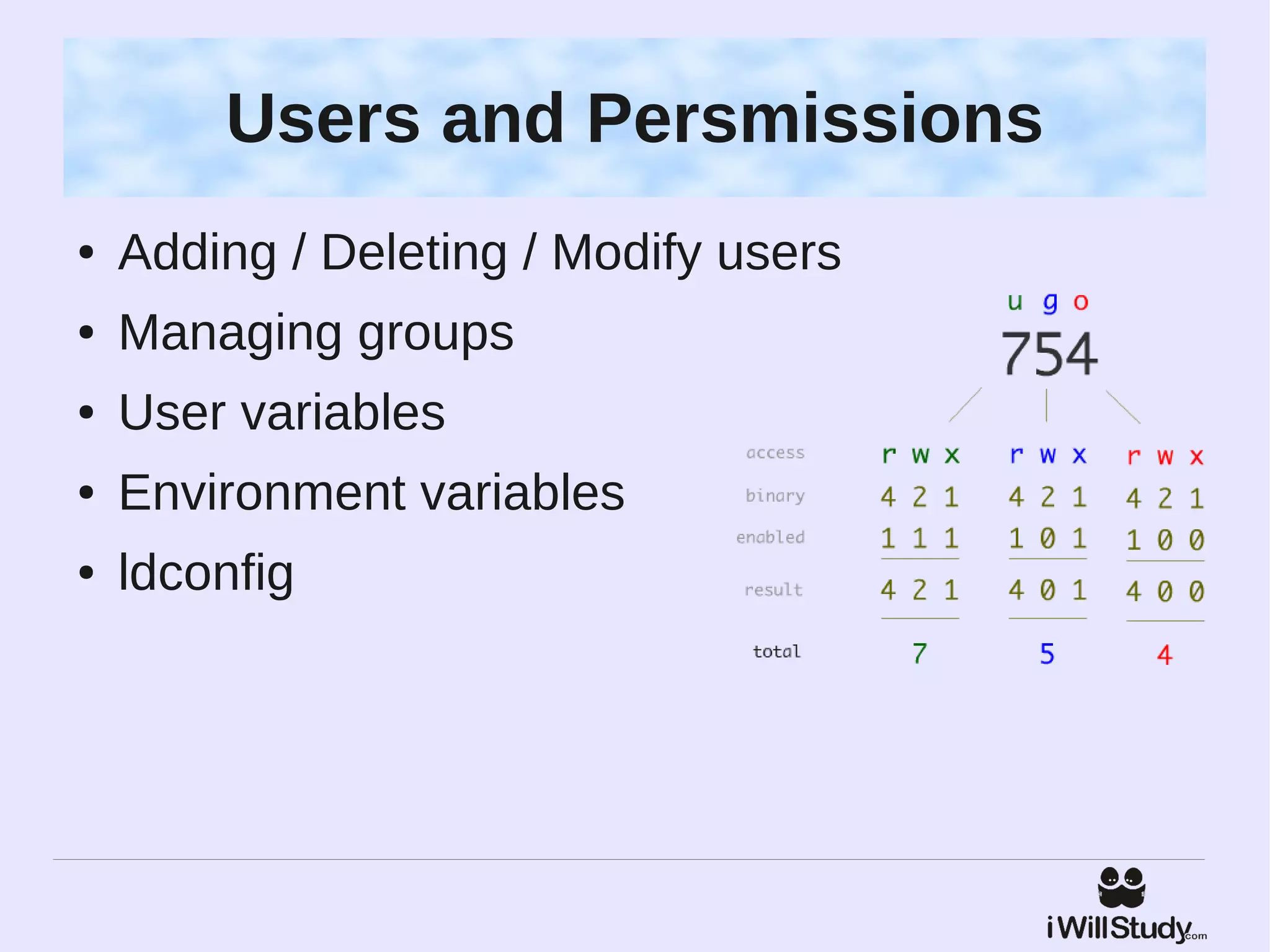 Users and Persmissions
●   Adding / Deleting / Modify users
●   Managing groups
●   User variables
●   Environment variables
●   ldconfig
 