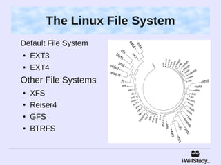 The Linux File System
Default File System
●   EXT3
●   EXT4
Other File Systems
●   XFS
●   Reiser4
●   GFS
●   BTRFS
 