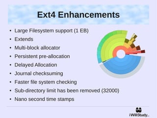 Ext4 Enhancements
●   Large Filesystem support (1 EB)
●   Extends
●   Multi-block allocator
●   Persistent pre-allocation
●   Delayed Allocation
●   Journal checksuming
●   Faster file system checking
●   Sub-directory limit has been removed (32000)
●   Nano second time stamps
 