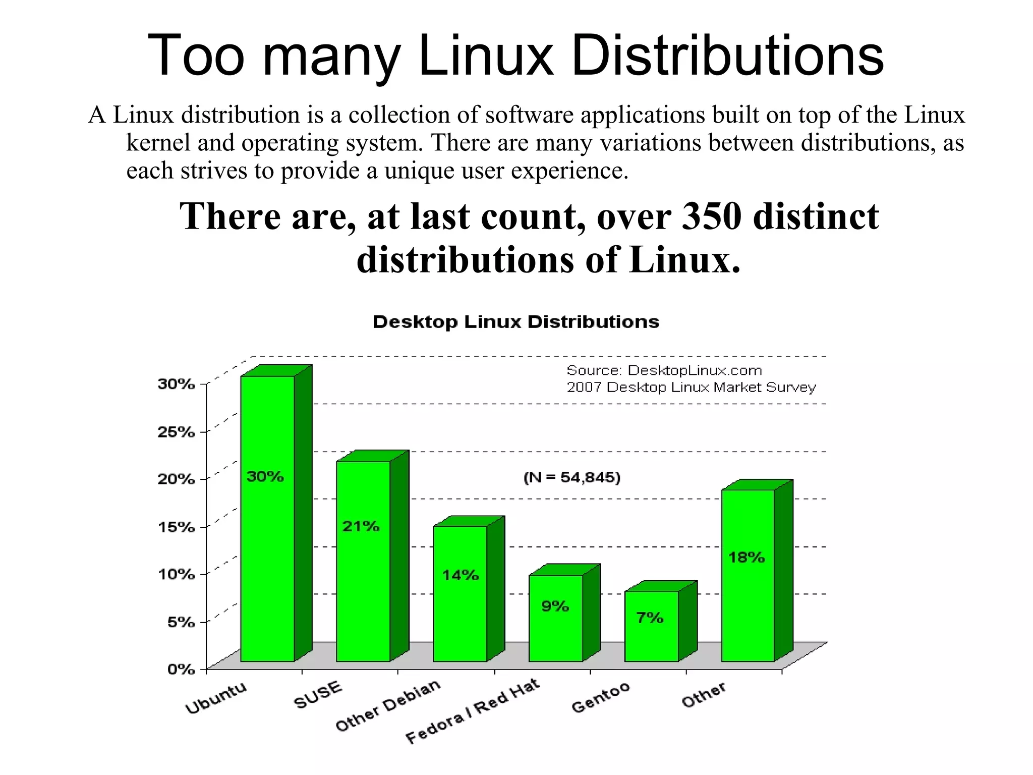 Too many Linux Distributions
A Linux distribution is a collection of software applications built on top of the Linux
kernel and operating system. There are many variations between distributions, as
each strives to provide a unique user experience.
There are, at last count, over 350 distinct
distributions of Linux.
 