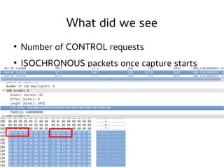 What did we see
●

Number of CONTROL requests

●

ISOCHRONOUS packets once capture starts

 