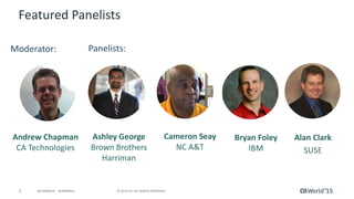 5 © 2015 CA. ALL RIGHTS RESERVED.@CAWORLD #CAWORLD
Featured Panelists
Alan Clark
SUSE
Moderator:
Bryan Foley
IBM
Ashley George
Brown Brothers
Harriman
Andrew Chapman
CA Technologies
Panelists:
Cameron Seay
NC A&T
 