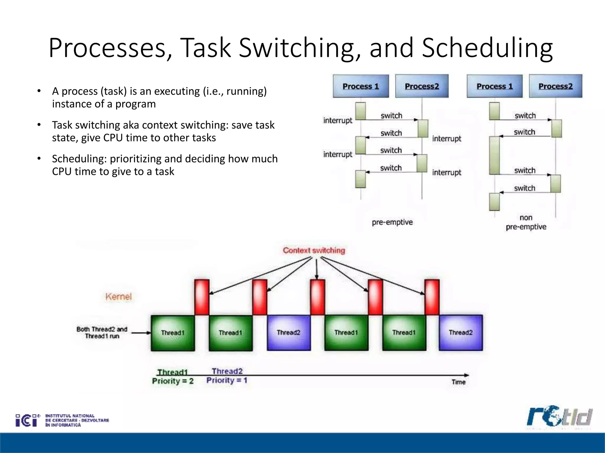 Processes, Task Switching, and Scheduling
• A process (task) is an executing (i.e., running)
instance of a program
• Task switching aka context switching: save task
state, give CPU time to other tasks
• Scheduling: prioritizing and deciding how much
CPU time to give to a task
 