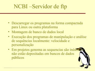 NCBI –Servidor de ftp Descarregar os programas na forma compactada para Linux ou outra plataforma Montagem de banco de dados local Execução dos programas de manipulação e análise de sequências localmente: velocidade e personalização Em projetos genoma as sequencias são inéditas e não estão depositadas em bancos de dados públicos 