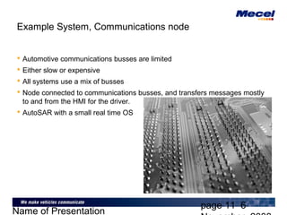 page 11 6
Name of Presentation
Example System, Communications node
 Automotive communications busses are limited
 Either slow or expensive
 All systems use a mix of busses
 Node connected to communications busses, and transfers messages mostly
to and from the HMI for the driver.
 AutoSAR with a small real time OS
 