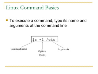 Linux Command Basics ,[object Object],ls -l /etc Command name Options (flags) Arguments 