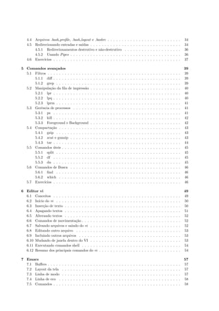 4.4 Arquivos .bash proﬁle, .bash logout e .bashrc . . . . . . . . . . . . . . . . . . . . . . . . . . 34
4.5 Redirecionando entradas e sa´ıdas . . . . . . . . . . . . . . . . . . . . . . . . . . . . . . . . 34
4.5.1 Redirecionamentos destrutivo e n˜ao-destrutivo . . . . . . . . . . . . . . . . . . . . 36
4.5.2 Usando Pipes . . . . . . . . . . . . . . . . . . . . . . . . . . . . . . . . . . . . . . . 36
4.6 Exerc´ıcios . . . . . . . . . . . . . . . . . . . . . . . . . . . . . . . . . . . . . . . . . . . . . 37
5 Comandos avan¸cados 39
5.1 Filtros . . . . . . . . . . . . . . . . . . . . . . . . . . . . . . . . . . . . . . . . . . . . . . . 39
5.1.1 diﬀ . . . . . . . . . . . . . . . . . . . . . . . . . . . . . . . . . . . . . . . . . . . . . 39
5.1.2 grep . . . . . . . . . . . . . . . . . . . . . . . . . . . . . . . . . . . . . . . . . . . . 39
5.2 Manipula¸c˜ao da ﬁla de impress˜ao . . . . . . . . . . . . . . . . . . . . . . . . . . . . . . . . 40
5.2.1 lpr . . . . . . . . . . . . . . . . . . . . . . . . . . . . . . . . . . . . . . . . . . . . . 40
5.2.2 lpq . . . . . . . . . . . . . . . . . . . . . . . . . . . . . . . . . . . . . . . . . . . . . 40
5.2.3 lprm . . . . . . . . . . . . . . . . . . . . . . . . . . . . . . . . . . . . . . . . . . . . 41
5.3 Gerˆencia de processos . . . . . . . . . . . . . . . . . . . . . . . . . . . . . . . . . . . . . . 41
5.3.1 ps . . . . . . . . . . . . . . . . . . . . . . . . . . . . . . . . . . . . . . . . . . . . . 41
5.3.2 kill . . . . . . . . . . . . . . . . . . . . . . . . . . . . . . . . . . . . . . . . . . . . . 42
5.3.3 Foreground e Background . . . . . . . . . . . . . . . . . . . . . . . . . . . . . . . . 42
5.4 Compacta¸c˜ao . . . . . . . . . . . . . . . . . . . . . . . . . . . . . . . . . . . . . . . . . . . 43
5.4.1 gzip . . . . . . . . . . . . . . . . . . . . . . . . . . . . . . . . . . . . . . . . . . . . 43
5.4.2 zcat e gunzip . . . . . . . . . . . . . . . . . . . . . . . . . . . . . . . . . . . . . . . 43
5.4.3 tar . . . . . . . . . . . . . . . . . . . . . . . . . . . . . . . . . . . . . . . . . . . . . 44
5.5 Comandos ´uteis . . . . . . . . . . . . . . . . . . . . . . . . . . . . . . . . . . . . . . . . . . 45
5.5.1 split . . . . . . . . . . . . . . . . . . . . . . . . . . . . . . . . . . . . . . . . . . . . 45
5.5.2 df . . . . . . . . . . . . . . . . . . . . . . . . . . . . . . . . . . . . . . . . . . . . . 45
5.5.3 du . . . . . . . . . . . . . . . . . . . . . . . . . . . . . . . . . . . . . . . . . . . . . 45
5.6 Comandos de Busca . . . . . . . . . . . . . . . . . . . . . . . . . . . . . . . . . . . . . . . 46
5.6.1 ﬁnd . . . . . . . . . . . . . . . . . . . . . . . . . . . . . . . . . . . . . . . . . . . . 46
5.6.2 which . . . . . . . . . . . . . . . . . . . . . . . . . . . . . . . . . . . . . . . . . . . 46
5.7 Exerc´ıcios . . . . . . . . . . . . . . . . . . . . . . . . . . . . . . . . . . . . . . . . . . . . . 46
6 Editor vi 49
6.1 Conceitos . . . . . . . . . . . . . . . . . . . . . . . . . . . . . . . . . . . . . . . . . . . . . 49
6.2 In´ıcio do vi . . . . . . . . . . . . . . . . . . . . . . . . . . . . . . . . . . . . . . . . . . . . 50
6.3 Inser¸c˜ao de texto . . . . . . . . . . . . . . . . . . . . . . . . . . . . . . . . . . . . . . . . . 50
6.4 Apagando textos . . . . . . . . . . . . . . . . . . . . . . . . . . . . . . . . . . . . . . . . . 51
6.5 Alterando textos . . . . . . . . . . . . . . . . . . . . . . . . . . . . . . . . . . . . . . . . . 52
6.6 Comandos de movimenta¸c˜ao . . . . . . . . . . . . . . . . . . . . . . . . . . . . . . . . . . . 52
6.7 Salvando arquivos e saindo do vi . . . . . . . . . . . . . . . . . . . . . . . . . . . . . . . . 52
6.8 Editando outro arquivo . . . . . . . . . . . . . . . . . . . . . . . . . . . . . . . . . . . . . 53
6.9 Incluindo outros arquivos . . . . . . . . . . . . . . . . . . . . . . . . . . . . . . . . . . . . 53
6.10 Mudando de janela dentro do VI . . . . . . . . . . . . . . . . . . . . . . . . . . . . . . . . 53
6.11 Executando comandos shell . . . . . . . . . . . . . . . . . . . . . . . . . . . . . . . . . . . 54
6.12 Resumo dos principais comandos do vi . . . . . . . . . . . . . . . . . . . . . . . . . . . . . 54
7 Emacs 57
7.1 Buﬀers . . . . . . . . . . . . . . . . . . . . . . . . . . . . . . . . . . . . . . . . . . . . . . . 57
7.2 Layout da tela . . . . . . . . . . . . . . . . . . . . . . . . . . . . . . . . . . . . . . . . . . 57
7.3 Linha de modo . . . . . . . . . . . . . . . . . . . . . . . . . . . . . . . . . . . . . . . . . . 57
7.4 Linha de eco . . . . . . . . . . . . . . . . . . . . . . . . . . . . . . . . . . . . . . . . . . . 58
7.5 Comandos . . . . . . . . . . . . . . . . . . . . . . . . . . . . . . . . . . . . . . . . . . . . . 58
 