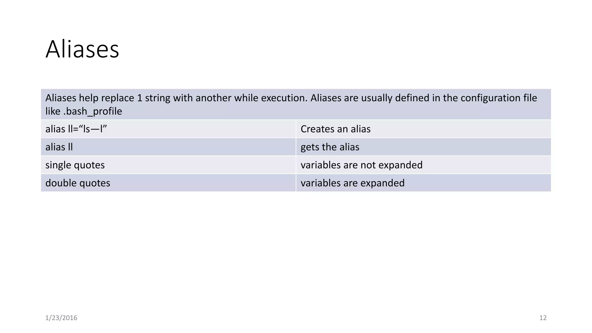 Aliases
Aliases help replace 1 string with another while execution. Aliases are usually defined in the configuration file
like .bash_profile
alias ll=“ls—l” Creates an alias
alias ll gets the alias
single quotes variables are not expanded
double quotes variables are expanded
1/23/2016 12
 