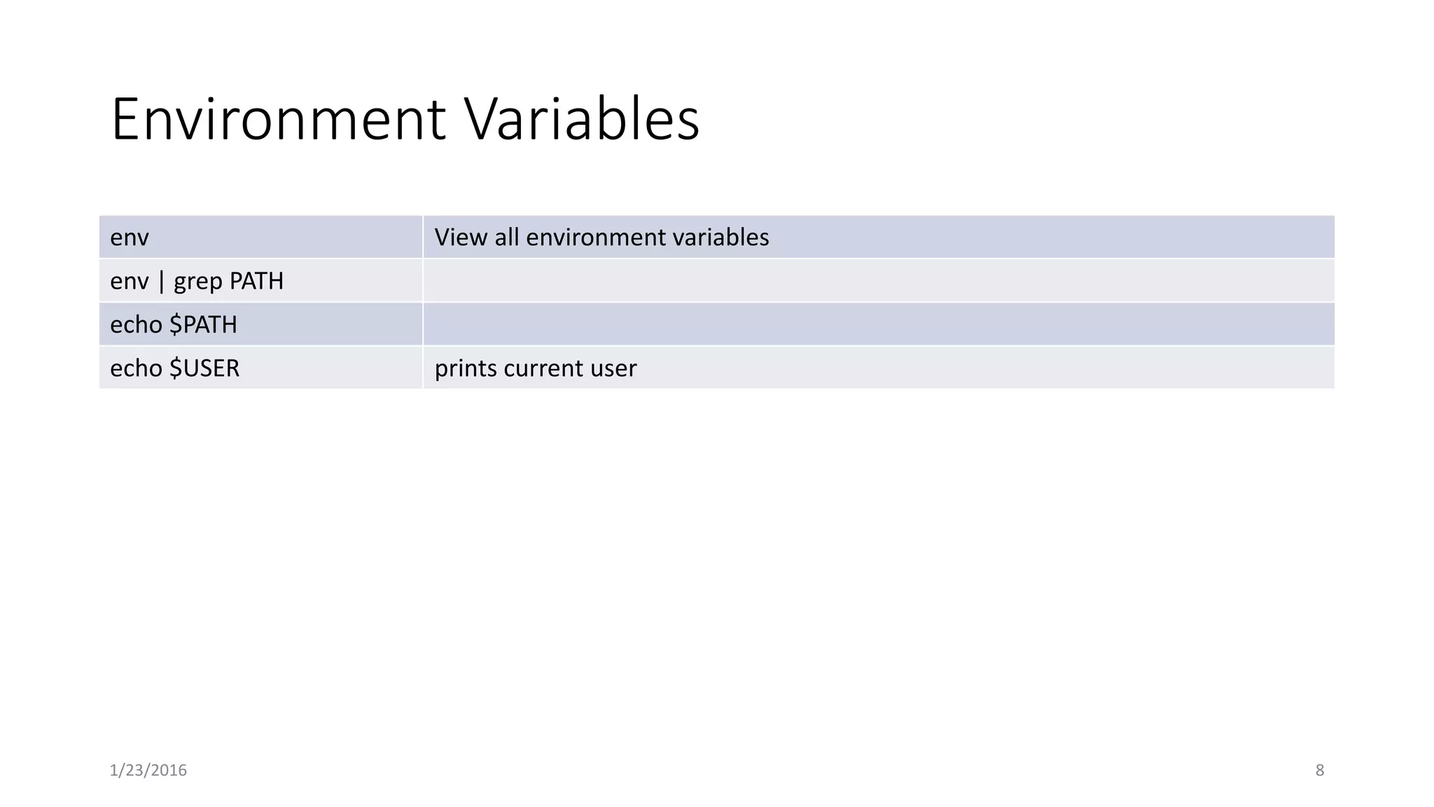 Environment Variables
env View all environment variables
env | grep PATH
echo $PATH
echo $USER prints current user
1/23/2016 8
 