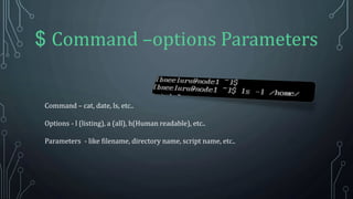 $ Command –options Parameters
Command – cat, date, ls, etc..
Options - l (listing), a (all), h(Human readable), etc..
Parameters - like filename, directory name, script name, etc..
 
