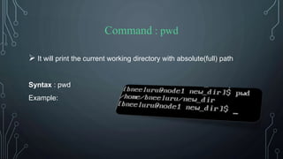 Command : pwd
 It will print the current working directory with absolute(full) path
Syntax : pwd
Example:
 