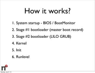 How it works?
1. System startup - BIOS / BootMonitor
2. Stage #1 bootloader (master boot record)
3. Stage #2 bootloader (LILO GRUB)
4. Kernel
5. Init
6. Runlevel
Saturday, July 27, 13
 