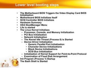 Lower level booting steps The Motherboard BIOS Triggers the Video Display Card BIOS Initialization Motherboard BIOS Initializes Itself SCSI Controller BIOS Initializes Hardware Summary OS/2 BootManager Menu Lilo is started The Linux Kernel Initializes Processor, Console, and Memory Initialization PCI Bus Initialization Network Initialization The Kernel Idle Thread (Process 0) is Started Device Driver Initialization Generic Parallel Port Initialization Character Device Initializations Block Device Initializations SCSI Bus Initialization Initialization of Kernel Support for Point-to-Point Protocol Examination of Fixed Disk Arrangement Init Program (Process 1) Startup The Bash Shell is Started 