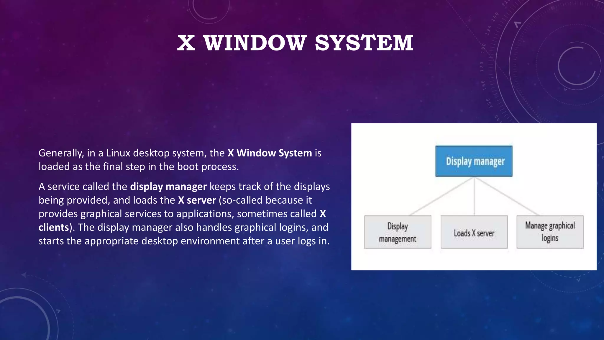 X WINDOW SYSTEM
Generally, in a Linux desktop system, the X Window System is
loaded as the final step in the boot process.
A service called the display manager keeps track of the displays
being provided, and loads the X server (so-called because it
provides graphical services to applications, sometimes called X
clients). The display manager also handles graphical logins, and
starts the appropriate desktop environment after a user logs in.
 