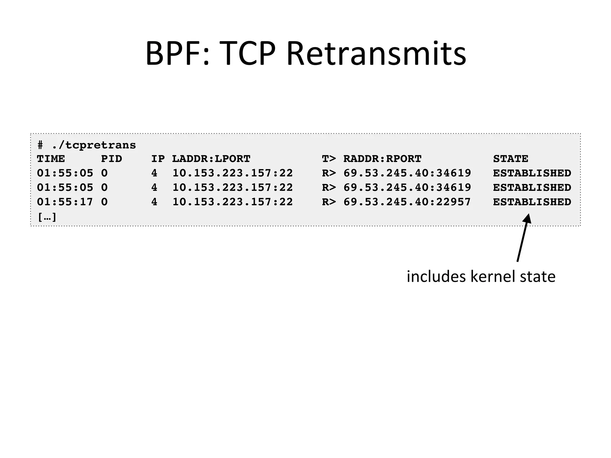 BPF:	
  TCP	
  Retransmits	
  
# ./tcpretrans
TIME PID IP LADDR:LPORT T> RADDR:RPORT STATE
01:55:05 0 4 10.153.223.157:22 R> 69.53.245.40:34619 ESTABLISHED
01:55:05 0 4 10.153.223.157:22 R> 69.53.245.40:34619 ESTABLISHED
01:55:17 0 4 10.153.223.157:22 R> 69.53.245.40:22957 ESTABLISHED
[…]
includes	
  kernel	
  state	
  
 