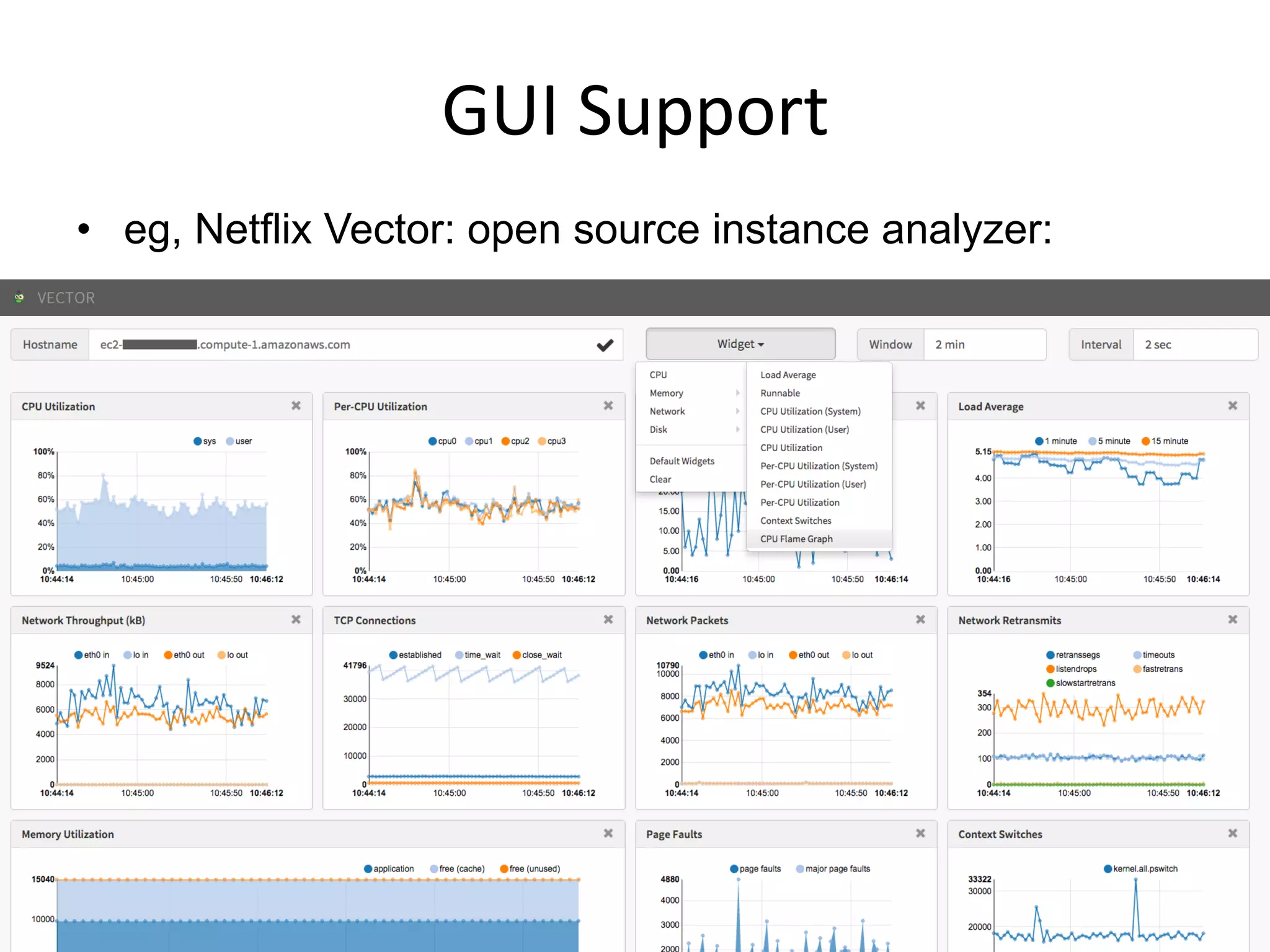 GUI	
  Support	
  
•  eg, Netflix Vector: open source instance analyzer:
 