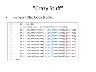 "Crazy	
  Stuﬀ"	
  
•  … using unrolled loops & goto:
 