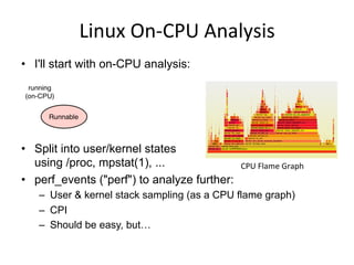 Linux	
  On-­‐CPU	
  Analysis	
  
CPU	
  Flame	
  Graph	
  
•  I'll start with on-CPU analysis:
•  Split into user/kernel states
using /proc, mpstat(1), ...
•  perf_events ("perf") to analyze further:
–  User & kernel stack sampling (as a CPU flame graph)
–  CPI
–  Should be easy, but…
 