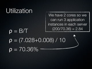 Utilization
ρ = B/T

We have 2 cores so we
can run 3 application
instances in each server
(200/70.36) = 2.84

ρ = (7.028+0.008) / 10
ρ = 70.36%

 