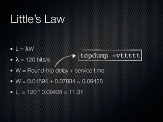 Little’s Law
L = λW
λ = 120 hits/s

tcpdump -vttttt

W = Round-trip delay + service time
W = 0.01594 + 0.07834 = 0.09428
L = 120 * 0.09428 = 11,31

 