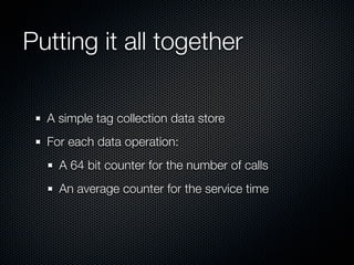 Putting it all together
A simple tag collection data store
For each data operation:
A 64 bit counter for the number of calls
An average counter for the service time

 