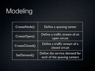 Modeling
CreateNode()

Deﬁne a queuing center

CreateOpen()

Deﬁne a trafﬁc stream of an
open circuit

CreateClosed()

Deﬁne a trafﬁc stream of a
closed circuit

SetDemand()

Deﬁne the service demand for
each of the queuing centers

 