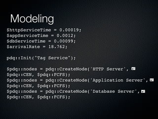 Modeling
$httpServiceTime = 0.00019;
$appServiceTime = 0.0012;
$dbServiceTime = 0.00099;
$arrivalRate = 18.762;
pdq::Init("Tag Service");
$pdq::nodes = pdq::CreateNode('HTTP Server',
$pdq::CEN, $pdq::FCFS);
$pdq::nodes = pdq::CreateNode('Application Server',
$pdq::CEN, $pdq::FCFS);
$pdq::nodes = pdq::CreateNode('Database Server',
$pdq::CEN, $pdq::FCFS);

 