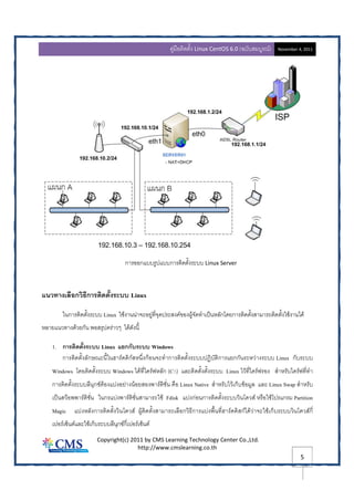 Linux CentOS 6.0 (                 )    November 4, 2011




                                        ก"        กV     V ก"               Linux Server




L<;C E@ ก;MDก                               Linux

         0 ก"                 Linux 01. " "2 /*+2G
                                                ,               O -.2 *3"      5FกP /ก"           " "j         01. " W .
5F"/V 4*" 4/ก I
          .               G      "4i W .      +

    1. ก              Linux LFกก     Windows
       ก"         Fกh +0 r" ก 5 M, ก. 2 *3"ก"                                   ก" V/กก        54"           Linux ก
    Windows P /                  Windows W .*+,W 5Fก (C:) VF                     Linux W4.*+,W            3"5 W *+,*3"
    ก"             F+ GกH . V         /" . /           I" 1,    Linux Native 3"5 W4. กk O. F VF Linux Swap 3"5
         4s II" 1, 0 ก V I" 1, " " j01. Fdisk V ก ก"                                       4 P 4 5 01.P Vก Partition
    Magic       V 5F ก"            4 P 4 -.              " " j F ก4Z+ก" V I *+,r"           กW .4"2 01. กk        4 P 4 ก+,
         Hk VF 01. กk           F+ GกHก+,         Hk
s                       Copyright(c) 2011 by CMS Learning Technology Center Co.,Ltd.
                                       http://www.cmslearning.co.th
                                                                                                                       5
 