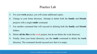 FACULTY OF COMPUTER SCIENCE, UNIVERSITY OF COMPUTER STUDIES
Practice Lab
5. For your work project, you will create additional copies.
6. Change to your home directory. Attempt to delete both the family and friends
projects with a single rmdir command.
7. Use another command that will succeed in deleting both the family and friends
folders.
8. Delete all the files in the work project, but do not delete the work directory.
9. Finally, form your home directory, use the rmdir command to delete the work
directory. The command should succeed now that it is empty.
 