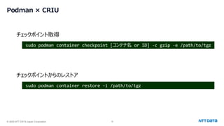 © 2025 NTT DATA Japan Corporation 16
Podman × CRIU
チェックポイント取得
チェックポイントからのレストア
sudo podman container checkpoint [コンテナ名 or ID] -c gzip -e /path/to/tgz
sudo podman container restore -i /path/to/tgz
 