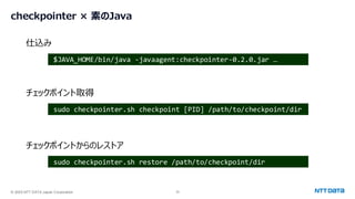 © 2025 NTT DATA Japan Corporation 32
checkpointer × 素のJava
チェックポイント取得
チェックポイントからのレストア
sudo checkpointer.sh checkpoint [PID] /path/to/checkpoint/dir
sudo checkpointer.sh restore /path/to/checkpoint/dir
仕込み
$JAVA_HOME/bin/java -javaagent:checkpointer-0.2.0.jar …
 
