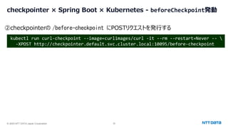 © 2025 NTT DATA Japan Corporation 36
checkpointer × Spring Boot × Kubernetes - beforeCheckpoint発動
②checkpointerの /before-checkpoint にPOSTリクエストを発行する
kubectl run curl-checkpoint --image=curlimages/curl -it --rm --restart=Never -- 
-XPOST http://checkpointer.default.svc.cluster.local:10095/before-checkpoint
 