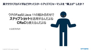© 2025 NTT DATA Japan Corporation 6
某クラウドプロバイダはどうやってスタートアップパフォーマンスを ”爆上げ” したか？
※公式ブログより
ウチのFaaSとJava 11の組み合わせで
スナップショットを活用するんだよね
CRaCも使えるんだよね
 