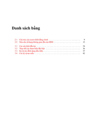 Danh sách ba’ng
2.1 Caˆ´u trúc cu’a sector kho’’i d¯oˆ
˙
ng chính . . . . . . . . . . . . . . . . . . . . . 9
2.2 Nhu caˆ`u su’’du
˙
ng không gian d¯ı˜a cu’a HD¯ H . . . . . . . . . . . . . . . . . . 15
3.1 Các câu leˆ
˙
nh d¯aˆ`u lo
˙
c . . . . . . . . . . . . . . . . . . . . . . . . . . . . . 34
3.2 Thay theˆ´ các tham bieˆ´n d¯a˘
˙
c bieˆ
˙
t . . . . . . . . . . . . . . . . . . . . . . . 36
3.3 Ký tu
˙
’xác d¯i
˙
nh da
˙
ng daˆ´u nha˘´c . . . . . . . . . . . . . . . . . . . . . . . . . 37
3.4 Các ký tu
˙
’ta
˙
o maˆ˜u . . . . . . . . . . . . . . . . . . . . . . . . . . . . . . . 42
 