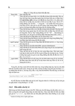 36 Bash
Ba’ng 3.2: Thay theˆ´ các tham bieˆ´n d¯a˘
˙
c bieˆ
˙
t
Tham bieˆ´n Quy luaˆ
˙
t thay theˆ´
* Thay theˆ´ bo’’i các tham bieˆ´n vi
˙
trí, ba˘´t d¯aˆ`u tu`’tham bieˆ´n thu´’nhaˆ´t. Neˆ´u su
˙
’
thay theˆ´ thu
˙
’c hieˆ
˙
n trong daˆ´u ngoa˘
˙
c kép, thì tham bieˆ´n này se˜ d¯u’o
˙
’c thay
bo’’i moˆ
˙
t tu`’duy nhaˆ´ t, mà ta
˙
o ra tu`’taˆ´ t ca’ các tham bieˆ´n vi
˙
trí, phân cách
nhau bo’’i ký tu
˙
’ d¯aˆ`u tiên cu’a bieˆ´n soˆ´ IFS (se˜ nói d¯eˆ´n o’’ sau). Tu´’c là "$"
tu’o’ng d¯u’o’ng vo´’i "$1c$2c. . . ", trong d¯ó c - ký tu
˙
’ d¯aˆ`u tiên trong giá tri
˙cu’a bieˆ´n soˆ´ IFS. Neˆ´u giá tri
˙
cu’a IFS troˆ´ ng, hoa˘
˙
c không d¯u’o
˙
’c xác d¯i
˙
nh
giá tri
˙
, thì tham bieˆ´n phân cách nhau bo’’i các khoa’ng tra˘´ng.
@ Thay theˆ´ bo’’i tham bieˆ´n vi
˙
trí, ba˘´t d¯aˆ`u tu`’tham bieˆ´n thu´’nhaˆ´t. Neˆ´u thay theˆ´
thu
˙
’c hieˆ
˙
n trong ngoa˘
˙
c kép, thì moˆ˜i tham bieˆ´n se˜ d¯u’o
˙
’c thay theˆ´ bo’’i moˆ
˙
t
tu`’riêng bieˆ
˙
t. Tu´’c là, "$@" tu’o’ng d¯u’o’ng vo´’i "$1" "$2" . . . Neˆ´u không có
tham bieˆ´n vi
˙
trí, thì giá tri
˙
se˜ không d¯u’o
˙
’c thieˆ´t laˆ
˙
p (tham bieˆ´n se˜ bi
˙
x
# Thay theˆ´ bo’’i giá tri
˙
thaˆ
˙
p phân cu’a các tham bieˆ´n vi
˙
trí.
? Thay theˆ´ bo’’i tra
˙
ng thái thoát ra cu’a câu leˆ
˙
nh cuoˆ´ i cùng trong d¯u’o`’ng oˆ´ ng,
mà d¯u’o
˙
’c thu
˙
’c hieˆ
˙
n trong cheˆ´ d¯oˆ
˙
neˆ`n tru’o´’c.
- (ga
˙
ch ngang) Thay theˆ´ bo’’i giá tri
˙
các co`’, flag, d¯u’o
˙
’c d¯a˘
˙
t bo’’i leˆ
˙
nh noˆ
˙
i trú set hay trong
khi cha
˙
y heˆ
˙
vo’.
$ Thay theˆ´ bo’’i soˆ´ cu’a tieˆ´n trình (PID - process identificator)
Thay theˆ´ bo’’i soˆ´ cu’a tieˆ´n trình (PID) cuoˆ´ i cùng trong soˆ´ các câu leˆ
˙
nh thu
˙
’c
hieˆ
˙
n trong neˆ`n sau.
0 Thay theˆ´ bo’’i tên heˆ
˙
vo’ hay tên cu’a script d¯ang cha
˙
y. Neˆ´u bash cha
˙
y
moˆ
˙
t taˆ
˙
p tin leˆ
˙
nh nào d¯ó, thì $0 có giá tri
˙
ba˘`ng tên cu’a taˆ
˙
p tin này. Trong
tru’o`’ng ho
˙
’p ngu’o
˙
’c la
˙
i giá tri
˙
này ba˘`ng d¯u’o`’ng daˆ˜n d¯aˆ`u d¯u’ d¯eˆ´n heˆ
˙
vo’ (ví
du
˙
, /bin/bash
_ (ga
˙
ch du’o´’i) Thay theˆ´ bo’’i tham soˆ´ cuoˆ´ i cùng cu’a câu leˆ
˙
nh tru’o´’c trong soˆ´ các câu leˆ
˙
nh
d¯ã d¯u’o
˙
’c thu
˙
’c hieˆ
˙
n (neˆ´u d¯ó la
˙
i là moˆ
˙
t tham bieˆ´n hay bieˆ´n soˆ´ , thì se˜ su’’
du
˙
ng giá tri
˙
cu’a n
Trong d¯ó, caˆ`n thay name bo’’i tên bieˆ´n (nhu’ vaˆ
˙
y, trong tru’o`’ng ho
˙
’p này, ba
˙
n la
˙
i caˆ`n pha’i
bieˆ´t tên cu’a bieˆ´n muoˆ´ n xem). Trong soˆ´ các bieˆ´n, mà ba
˙
n se˜ thaˆ´y trong keˆ´t qua’ cu’a leˆ
˙
nh set,
có nhu˜’ng bieˆ´n raˆ´t thú vi
˙
. Xin hãy chú ý d¯eˆ´n, ví du
˙
, bieˆ´n RANDOM. Neˆ´u thu’’cha
˙
y vài laˆ`n liên
tieˆ´p câu leˆ
˙
nh sau:
kênh giao tác
maikhai@fpt:/sw$ echo $RANDOM
thì moˆ˜i laˆ`n ba
˙
n se˜ nhaˆ
˙
n d¯u’o
˙
’c moˆ
˙
t giá tri
˙
mo´’i. Nguyên nhân là vì bieˆ´n này tra’ la
˙
i moˆ
˙
t giá
tri
˙
ngaˆ˜u nhiên4
trong khoa’ng 0 - 32 768.
3.6.2 Daˆ´ u nha˘´c cu’a heˆ
˙
vo’
Moˆ
˙
t trong các bieˆ´n raˆ´t quan tro
˙
ng có tên PS1. Bieˆ´n này cho bieˆ´t da
˙
ng cu’a daˆ´u nha˘´c, mà bash
d¯u’a ra trong khi cho`’ ngu’o`’i dùng nhaˆ
˙
p câu leˆ
˙
nh tieˆ´p theo. Theo ma˘
˙
c d¯i
˙
nh thì bieˆ´n này d¯u’o
˙
’c
gán giá tri
˙
"s-v$ , tuy nhiên trên các ba’n phân phoˆ´ i khác nhau thu’o`’ng có các script
4
random là tu`’tieˆ´ng Anh có nghı˜a ngaˆ˜u nhiên
 