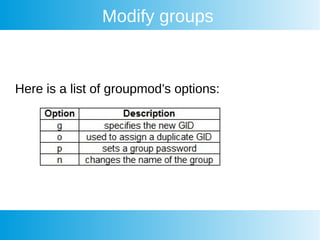 Modify groups
Here is a list of groupmod’s options:
 