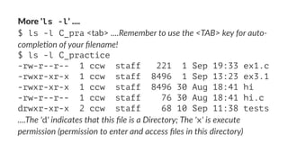 More%'ls -l'%.... 
$ ls -l C_pra!<tab>!....Remember'to'use'the'<TAB>'key'for'auto6 
comple:on'of'your'filename! 
$ ls -l C_practice 
-rw-r--r-- 1 ccw staff 221 1 Sep 19:33 ex1.c 
-rwxr-xr-x 1 ccw staff 8496 1 Sep 13:23 ex3.1 
-rwxr-xr-x 1 ccw staff 8496 30 Aug 18:41 hi 
-rw-r--r-- 1 ccw staff 76 30 Aug 18:41 hi.c 
drwxr-xr-x 2 ccw staff 68 10 Sep 11:38 tests 
....The''d''indicates'that'this'file'is'a'Directory;'The''x''is'execute' 
permission'(permission'to'enter'and'access'files'in'this'directory) 
 