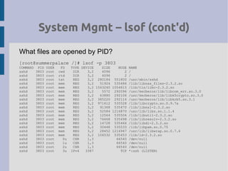 System Mgmt – lsof (cont'd)
What files are opened by PID?
[root@summerpalace /]# lsof -p 3803
COMMAND PID USER FD TYPE DEVICE SIZE NODE NAME
sshd 3803 root cwd DIR 3,2 4096 2 /
sshd 3803 root rtd DIR 3,2 4096 2 /
sshd 3803 root txt REG 3,2 280184 551800 /usr/sbin/sshd
sshd 3803 root mem REG 3,2 51924 535486 /lib/libnss_files-2.3.2.so
sshd 3803 root mem REG 3,2 1563240 1054615 /lib/tls/libc-2.3.2.so
sshd 3803 root mem REG 3,2 5572 292096 /usr/kerberos/lib/libcom_err.so.3.0
sshd 3803 root mem REG 3,2 63880 292106 /usr/kerberos/lib/libk5crypto.so.3.0
sshd 3803 root mem REG 3,2 385220 292116 /usr/kerberos/lib/libkrb5.so.3.1
sshd 3803 root mem REG 3,2 971612 535528 /lib/libcrypto.so.0.9.7a
sshd 3803 root mem REG 3,2 91368 535470 /lib/libnsl-2.3.2.so
sshd 3803 root mem REG 3,2 52584 1216870 /usr/lib/libz.so.1.1.4
sshd 3803 root mem REG 3,2 12564 535504 /lib/libutil-2.3.2.so
sshd 3803 root mem REG 3,2 76468 535498 /lib/libresolv-2.3.2.so
sshd 3803 root mem REG 3,2 14728 535466 /lib/libdl-2.3.2.so
sshd 3803 root mem REG 3,2 30448 535533 /lib/libpam.so.0.75
sshd 3803 root mem REG 3,2 28452 1216947 /usr/lib/libwrap.so.0.7.6
sshd 3803 root mem REG 3,2 106532 535453 /lib/ld-2.3.2.so
sshd 3803 root 0u CHR 1,3 66540 /dev/null
sshd 3803 root 1u CHR 1,3 66540 /dev/null
sshd 3803 root 2u CHR 1,3 66540 /dev/null
sshd 3803 root 3u IPv4 3387 TCP *:ssh (LISTEN)
 