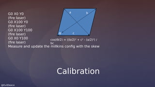 @EvilDeece
G0 X0 Y0
(fire laser)
G0 X100 Y0
(fire laser)
G0 X100 Y100
(fire laser)
G0 X0 Y100
(fire laser)
Measure and update the millkins config with the skew
Calibration
a b
c
cos(ϴ/2) = ((b/2)2
+ c2
- (a/2)2
) /
bc
ϴ
 