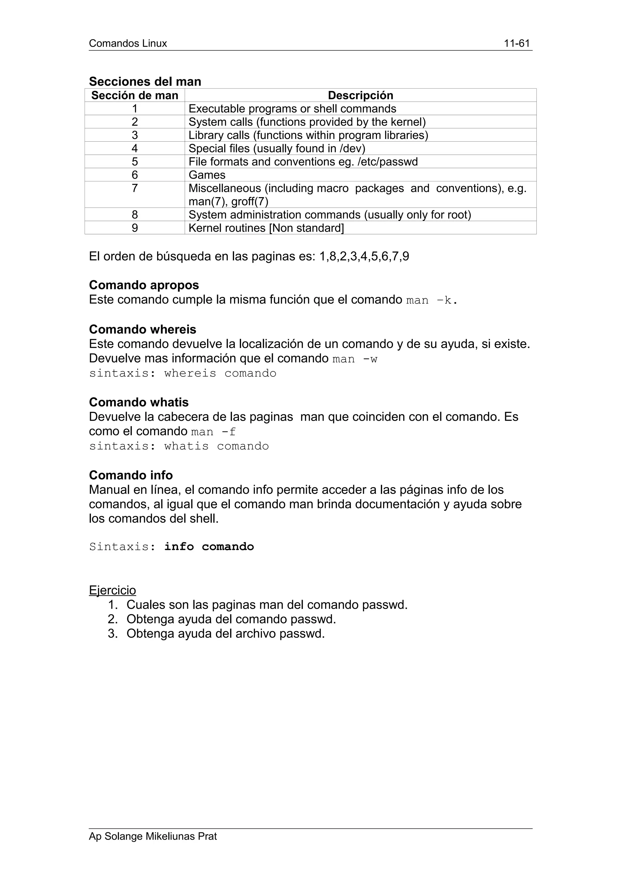 Comandos Linux 11-61
Secciones del man
Sección de man Descripción
1 Executable programs or shell commands
2 System calls (functions provided by the kernel)
3 Library calls (functions within program libraries)
4 Special files (usually found in /dev)
5 File formats and conventions eg. /etc/passwd
6 Games
7 Miscellaneous (including macro packages and conventions), e.g.
man(7), groff(7)
8 System administration commands (usually only for root)
9 Kernel routines [Non standard]
El orden de búsqueda en las paginas es: 1,8,2,3,4,5,6,7,9
Comando apropos
Este comando cumple la misma función que el comando man –k.
Comando whereis
Este comando devuelve la localización de un comando y de su ayuda, si existe.
Devuelve mas información que el comando man -w
sintaxis: whereis comando
Comando whatis
Devuelve la cabecera de las paginas man que coinciden con el comando. Es
como el comando man -f
sintaxis: whatis comando
Comando info
Manual en línea, el comando info permite acceder a las páginas info de los
comandos, al igual que el comando man brinda documentación y ayuda sobre
los comandos del shell.
Sintaxis: info comando
Ejercicio
1. Cuales son las paginas man del comando passwd.
2. Obtenga ayuda del comando passwd.
3. Obtenga ayuda del archivo passwd.
Ap Solange Mikeliunas Prat
 