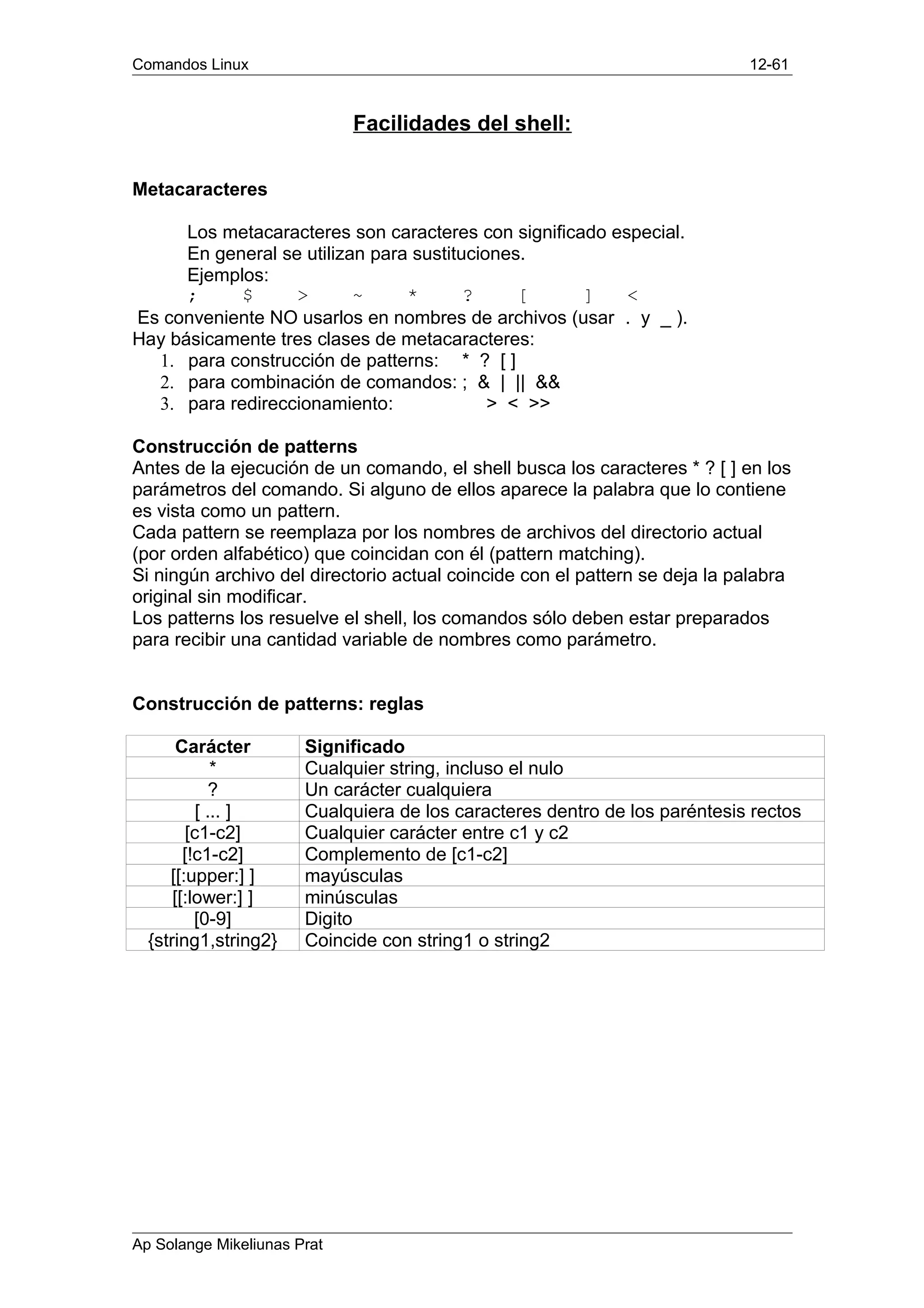 Comandos Linux 12-61
Facilidades del shell:
Metacaracteres
Los metacaracteres son caracteres con significado especial.
En general se utilizan para sustituciones.
Ejemplos:
; $ > ~ * ? [ ] <
Es conveniente NO usarlos en nombres de archivos (usar . y _ ).
Hay básicamente tres clases de metacaracteres:
1. para construcción de patterns: * ? [ ]
2. para combinación de comandos: ; & | || &&
3. para redireccionamiento: > < >>
Construcción de patterns
Antes de la ejecución de un comando, el shell busca los caracteres * ? [ ] en los
parámetros del comando. Si alguno de ellos aparece la palabra que lo contiene
es vista como un pattern.
Cada pattern se reemplaza por los nombres de archivos del directorio actual
(por orden alfabético) que coincidan con él (pattern matching).
Si ningún archivo del directorio actual coincide con el pattern se deja la palabra
original sin modificar.
Los patterns los resuelve el shell, los comandos sólo deben estar preparados
para recibir una cantidad variable de nombres como parámetro.
Construcción de patterns: reglas
Carácter Significado
* Cualquier string, incluso el nulo
? Un carácter cualquiera
[ ... ] Cualquiera de los caracteres dentro de los paréntesis rectos
[c1-c2] Cualquier carácter entre c1 y c2
[!c1-c2] Complemento de [c1-c2]
[[:upper:] ] mayúsculas
[[:lower:] ] minúsculas
[0-9] Digito
{string1,string2} Coincide con string1 o string2
Ap Solange Mikeliunas Prat
 