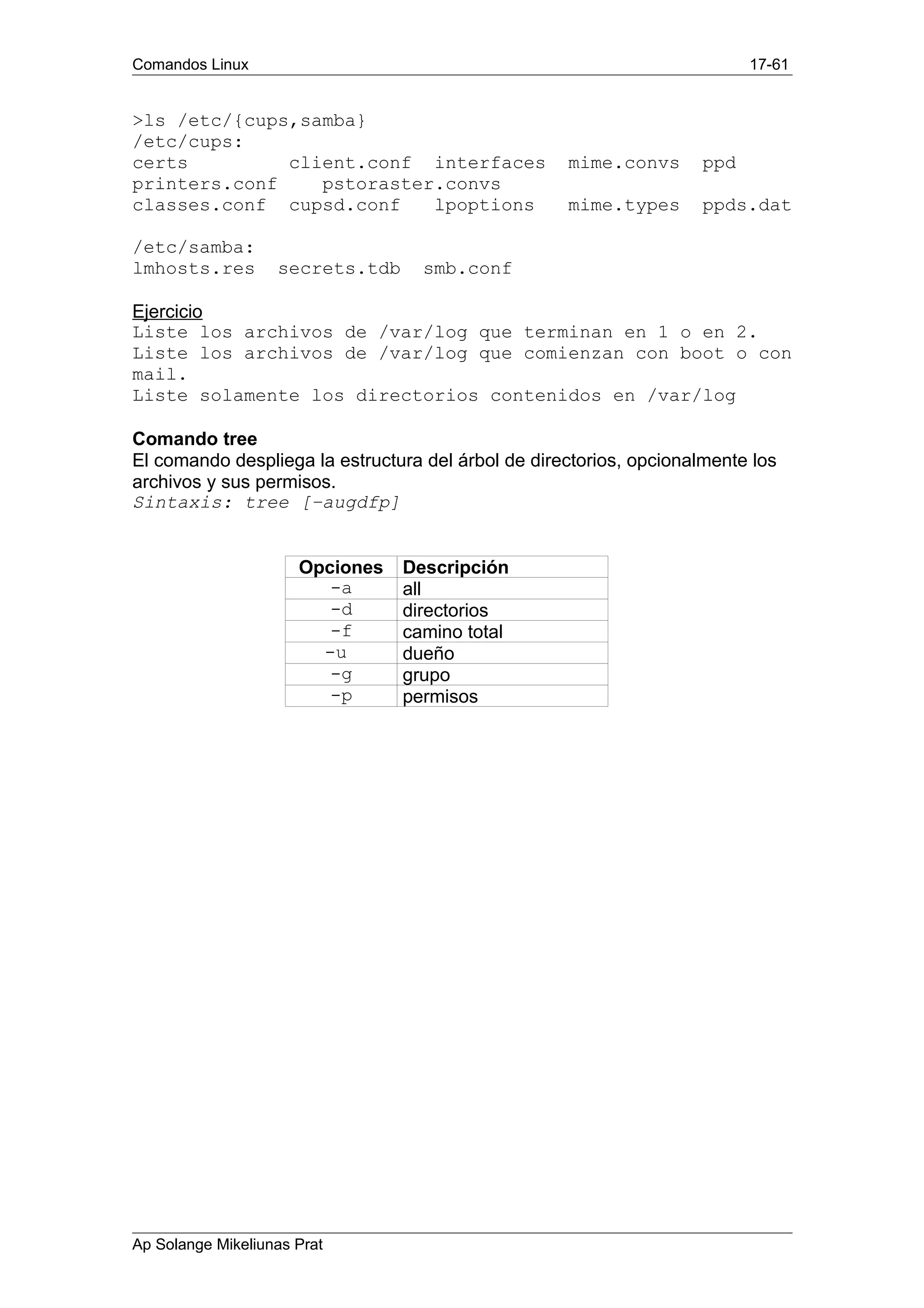 Comandos Linux 17-61
>ls /etc/{cups,samba}
/etc/cups:
certs client.conf interfaces mime.convs ppd
printers.conf pstoraster.convs
classes.conf cupsd.conf lpoptions mime.types ppds.dat
/etc/samba:
lmhosts.res secrets.tdb smb.conf
Ejercicio
Liste los archivos de /var/log que terminan en 1 o en 2.
Liste los archivos de /var/log que comienzan con boot o con
mail.
Liste solamente los directorios contenidos en /var/log
Comando tree
El comando despliega la estructura del árbol de directorios, opcionalmente los
archivos y sus permisos.
Sintaxis: tree [–augdfp]
Opciones Descripción
-a all
-d directorios
-f camino total
-u dueño
-g grupo
-p permisos
Ap Solange Mikeliunas Prat
 