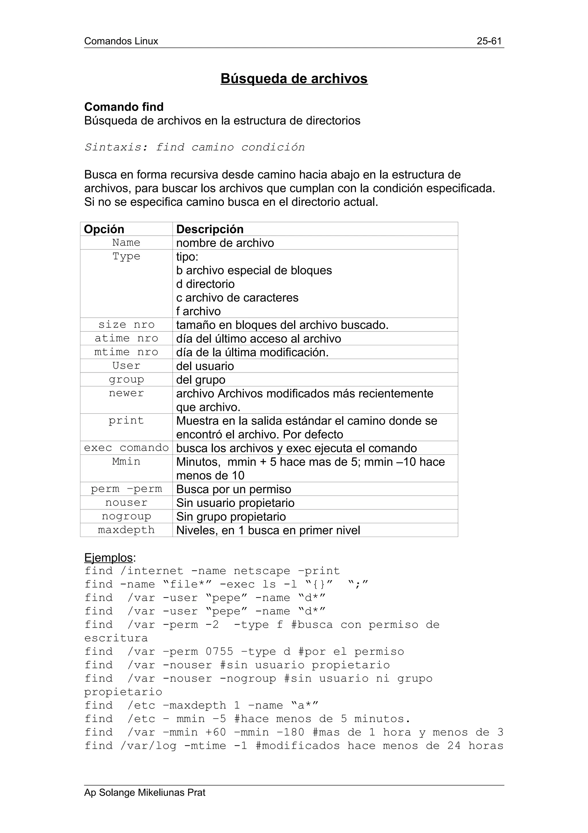 Comandos Linux 25-61
Búsqueda de archivos
Comando find
Búsqueda de archivos en la estructura de directorios
Sintaxis: find camino condición
Busca en forma recursiva desde camino hacia abajo en la estructura de
archivos, para buscar los archivos que cumplan con la condición especificada.
Si no se especifica camino busca en el directorio actual.
Opción Descripción
Name nombre de archivo
Type tipo:
b archivo especial de bloques
d directorio
c archivo de caracteres
f archivo
size nro tamaño en bloques del archivo buscado.
atime nro día del último acceso al archivo
mtime nro día de la última modificación.
User del usuario
group del grupo
newer archivo Archivos modificados más recientemente
que archivo.
print Muestra en la salida estándar el camino donde se
encontró el archivo. Por defecto
exec comando busca los archivos y exec ejecuta el comando
Mmin Minutos, mmin + 5 hace mas de 5; mmin –10 hace
menos de 10
perm –perm Busca por un permiso
nouser Sin usuario propietario
nogroup Sin grupo propietario
maxdepth Niveles, en 1 busca en primer nivel
Ejemplos:
find /internet -name netscape –print
find -name “file*” -exec ls -l “{}” “;”
find /var -user “pepe” -name “d*”
find /var -user “pepe” -name “d*”
find /var -perm -2 -type f #busca con permiso de
escritura
find /var –perm 0755 –type d #por el permiso
find /var -nouser #sin usuario propietario
find /var -nouser -nogroup #sin usuario ni grupo
propietario
find /etc –maxdepth 1 –name “a*”
find /etc – mmin –5 #hace menos de 5 minutos.
find /var –mmin +60 –mmin –180 #mas de 1 hora y menos de 3
find /var/log -mtime -1 #modificados hace menos de 24 horas
Ap Solange Mikeliunas Prat
 