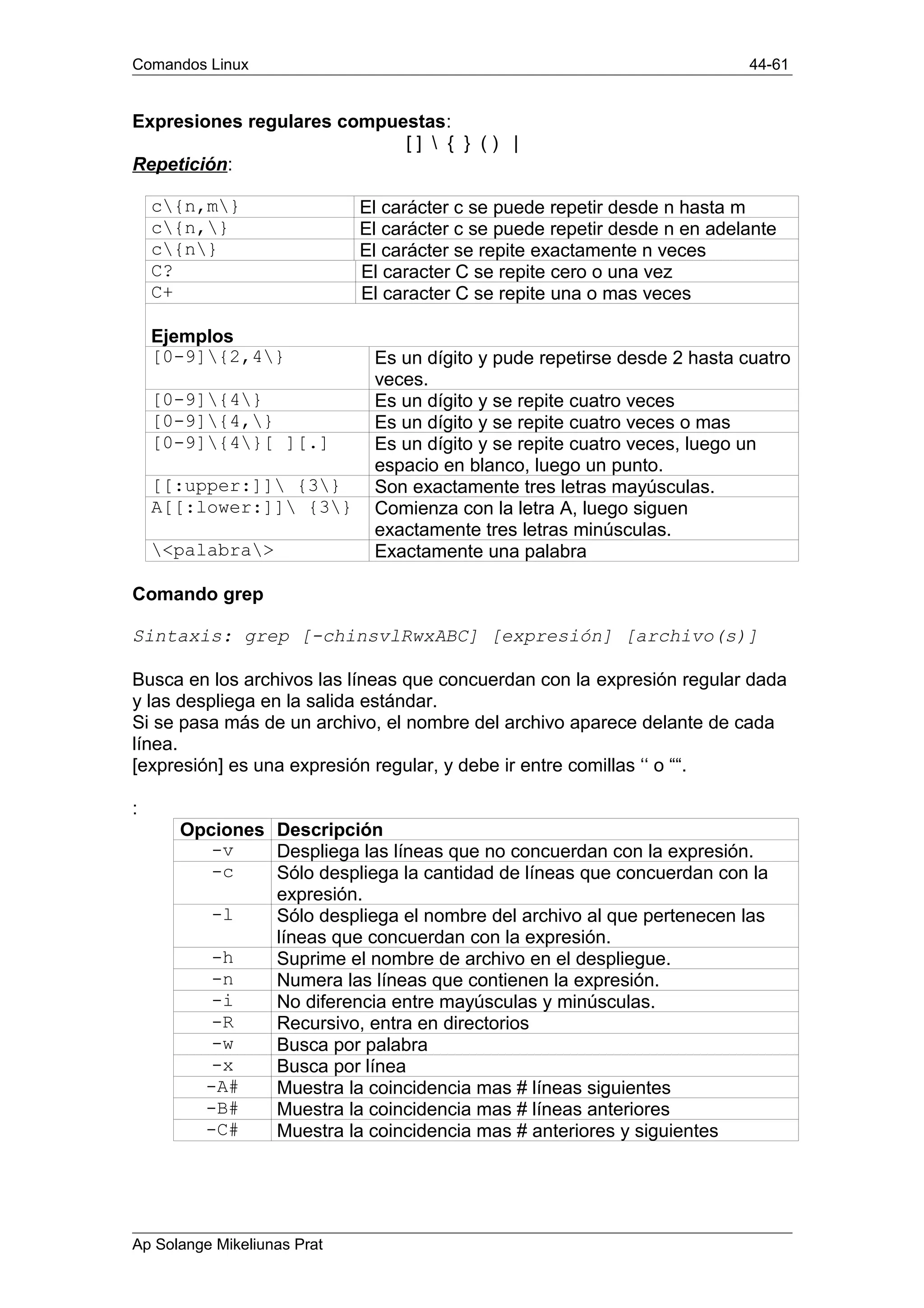 Comandos Linux 44-61
Expresiones regulares compuestas:
[ ]  { } ( ) |
Repetición:
c{n,m} El carácter c se puede repetir desde n hasta m
c{n,} El carácter c se puede repetir desde n en adelante
c{n} El carácter se repite exactamente n veces
C? El caracter C se repite cero o una vez
C+ El caracter C se repite una o mas veces
Ejemplos
[0-9]{2,4} Es un dígito y pude repetirse desde 2 hasta cuatro
veces.
[0-9]{4} Es un dígito y se repite cuatro veces
[0-9]{4,} Es un dígito y se repite cuatro veces o mas
[0-9]{4}[ ][.] Es un dígito y se repite cuatro veces, luego un
espacio en blanco, luego un punto.
[[:upper:]] {3} Son exactamente tres letras mayúsculas.
A[[:lower:]] {3} Comienza con la letra A, luego siguen
exactamente tres letras minúsculas.
<palabra> Exactamente una palabra
Comando grep
Sintaxis: grep [-chinsvlRwxABC] [expresión] [archivo(s)]
Busca en los archivos las líneas que concuerdan con la expresión regular dada
y las despliega en la salida estándar.
Si se pasa más de un archivo, el nombre del archivo aparece delante de cada
línea.
[expresión] es una expresión regular, y debe ir entre comillas ‘‘ o ““.
:
Opciones Descripción
-v Despliega las líneas que no concuerdan con la expresión.
-c Sólo despliega la cantidad de líneas que concuerdan con la
expresión.
-l Sólo despliega el nombre del archivo al que pertenecen las
líneas que concuerdan con la expresión.
-h Suprime el nombre de archivo en el despliegue.
-n Numera las líneas que contienen la expresión.
-i No diferencia entre mayúsculas y minúsculas.
-R Recursivo, entra en directorios
-w Busca por palabra
-x Busca por línea
-A# Muestra la coincidencia mas # líneas siguientes
-B# Muestra la coincidencia mas # líneas anteriores
-C# Muestra la coincidencia mas # anteriores y siguientes
Ap Solange Mikeliunas Prat
 